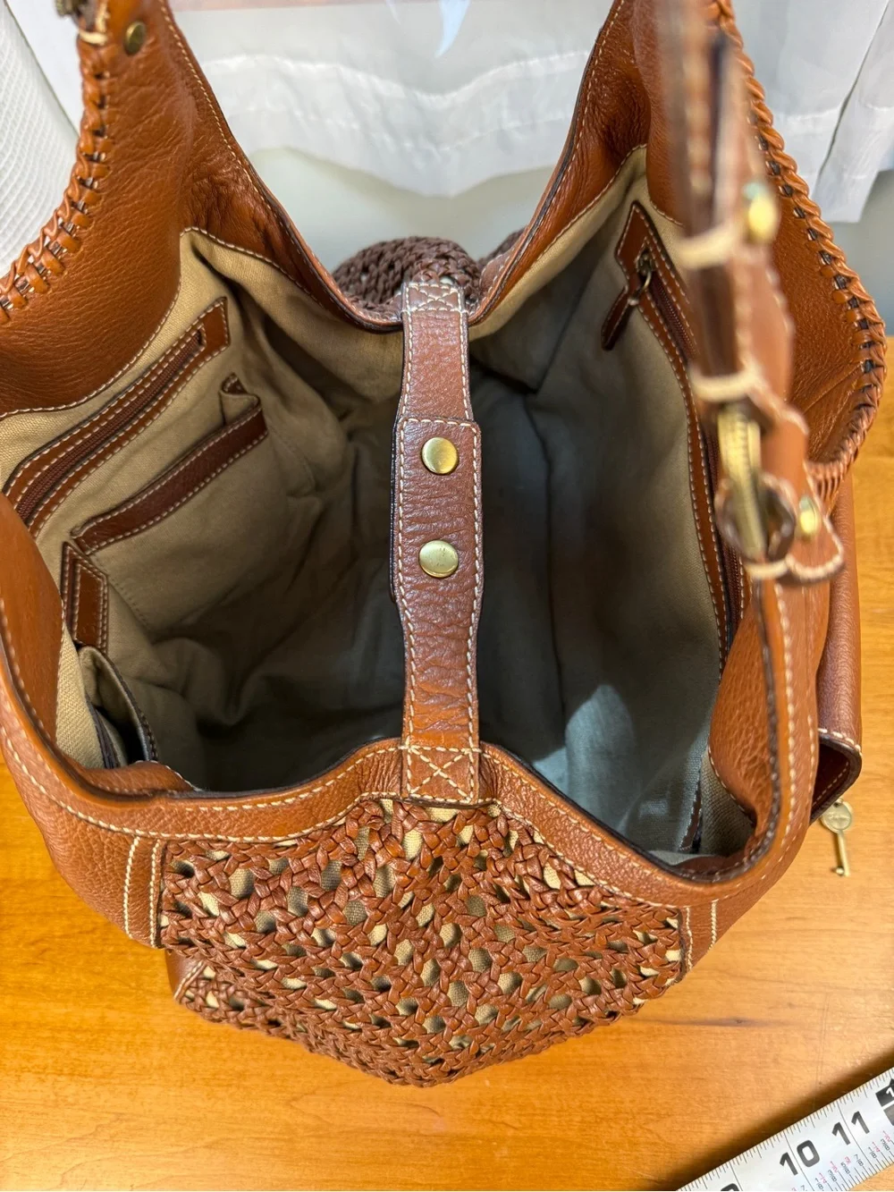 Cole Haan Paige Cognac Brown Woven Leather Hobo Shoulder Bag Gold Hardware EUC